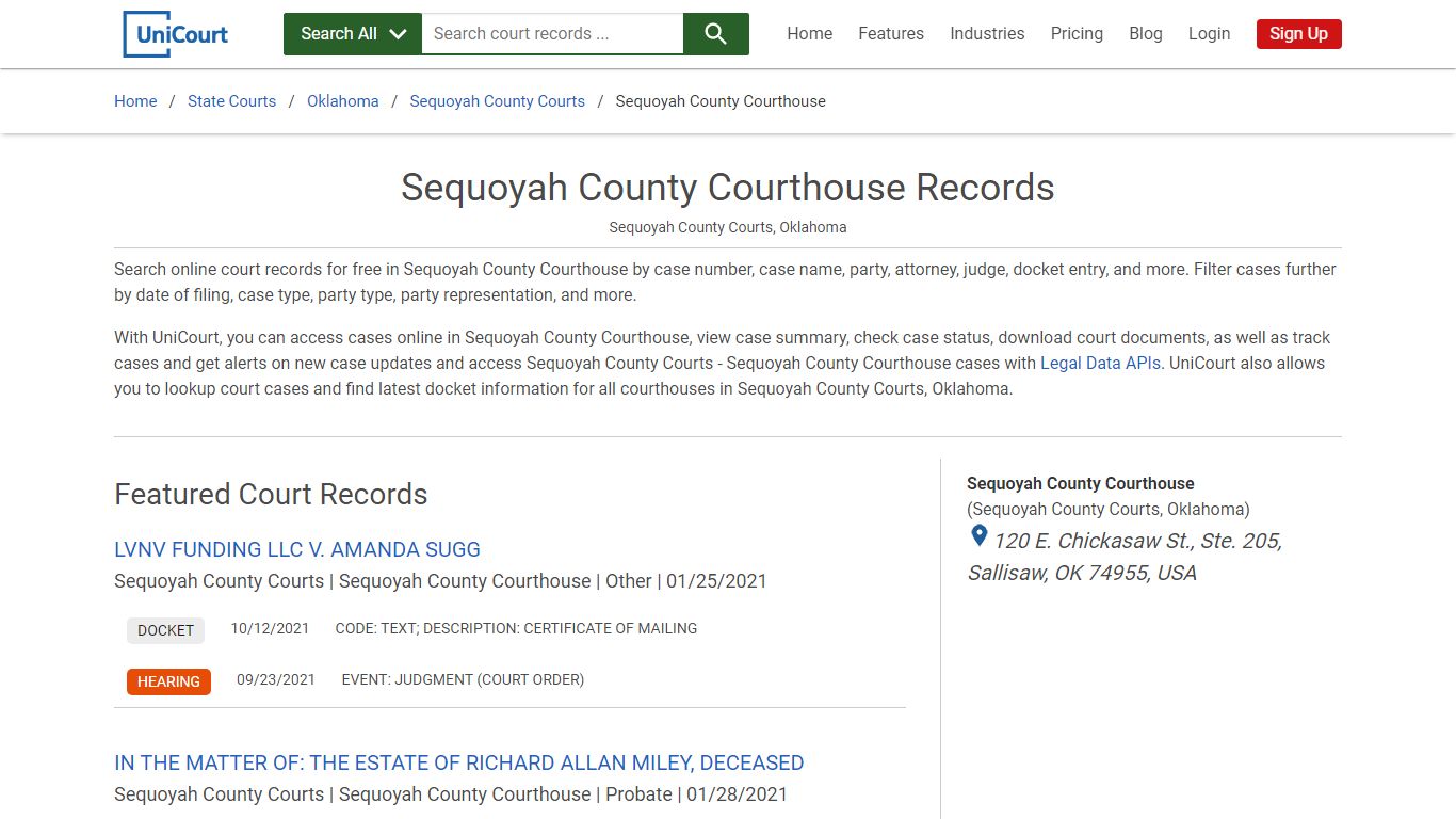 Sequoyah County Courthouse Records | Sequoyah | UniCourt